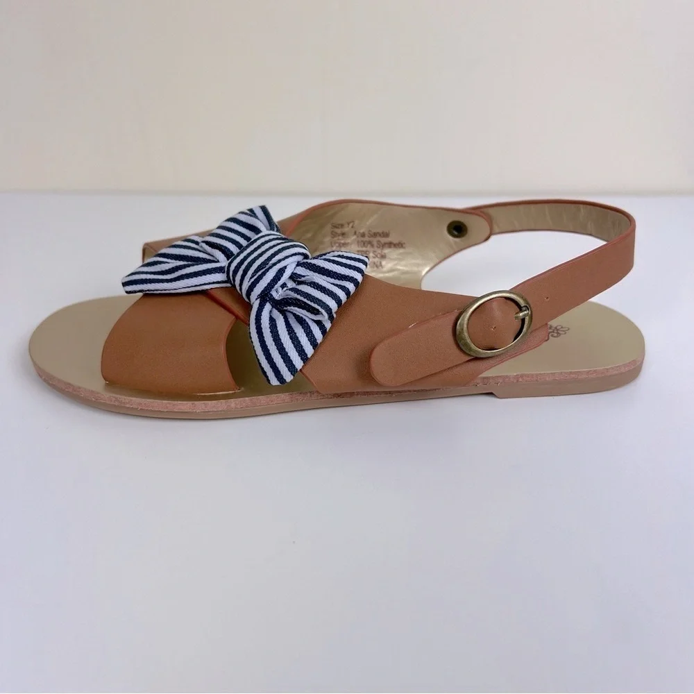 Joyfolie | Striped Bow Criss Cross Sandal Brown With Navy White Bow | Girls 2.